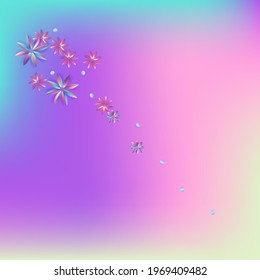 Light Petal Tropical Blue Background. Rainbow Hibiscus Design. Art Color Card. Gradient Flower Fluid Texture.