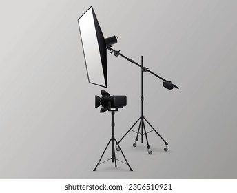 Light photography equipment with grey background, lighting tools with stand for studio usage, vector.