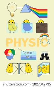 light in physic, can use in physic class, it have many object such as little duck, rainbow, cloud, fish in water, light line, road. it can use in physic to explain about light with cute picture.