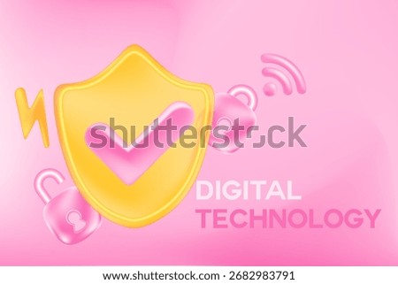 Light pink 3D glass shield with yes icon. Futuristic cute system network blurred gradient background with copy space. Digital technology banner, infographic vector.