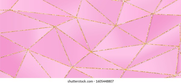 Light pink 3d triangular background with shiny golden glitters. Valentine's ( Mother world, Christmas, Female Sale, Baby shower, Anniversary ) day abstract banner. Beautiful layout promo event party.