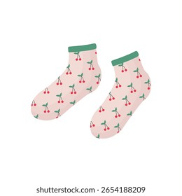 Meias de tornozelo rosa claro com padrão de cereja vermelha e punhos verdes no fundo branco