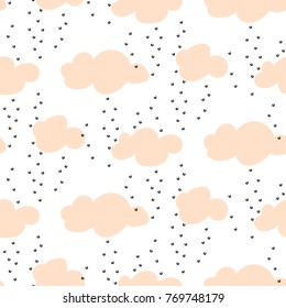 Light pink baby snowy clouds seamless vector pattern. Cute gray dotted sky background for textile print.