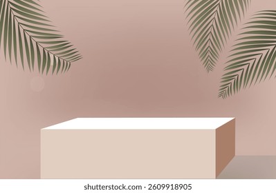 light Pink background with absract tropical leaves and pink cube. podium. modern background. vector illustration. eps 10