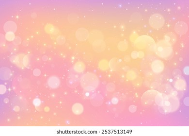 Light pink background with bokeh. Blurred luxury gradient with glitter. Abstract peach pastel vector texture with sparkles. Magic romantic unicorn backdrop with fluid gradation