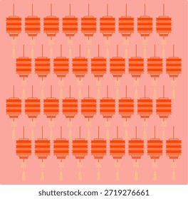 Un fondo rosa claro decorado con varias filas de linternas rojas alargadas que cuelgan en una cuadrícula estructurada Este diseño ofrece un estilo visual equilibrado y rítmico que captura la esencia de las decoraciones callejeras tradicionales