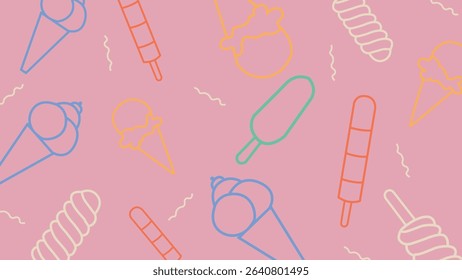 Light pink background filled with pastel-colored ice cream cones, bars, and lollies. A soft and sweet dessert visual perfect for playful designs.