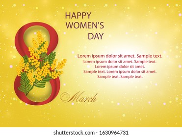 Light pink background with number 8 and beautiful flowers, petals. Greeting card for Holiday March 8 International Womens Day. Vector Illustration.