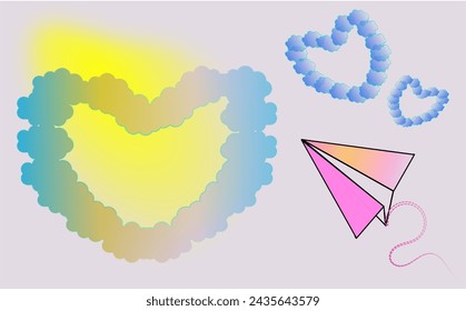 With light pink background, a pink paper airplane with traces behind and beside is colorful love-shaped cloud frame with sunshine and above is deep blue love-shaped cloud frames