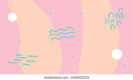 Fundo rosa claro com blocos curvos de pêssego e rabiscos ondulados de azul escuro, espalhados com círculos e linhas minimalistas. Ideal para marcas modernas e divertidas.