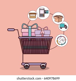 light pink background with shopping cart full of gifts vector illustration