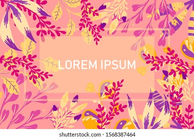 A light pink background with violet and yellow hand-drawn plants and flowers with space for text for cards or poster