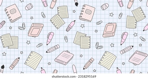 Light pink and beige school supplies and office stationary with black edging on a blue notebook sheet in a cell. Back to school endless texture, education concept. Vector seamless pattern for cover