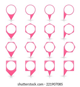 Light pink blank map pin sign location icon with circular copy space and gray shadow, reflection on white background  in simple flat style. Web design element save in vector illustration 8 eps