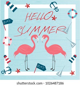 Light pink and blue beach items pattern frame,Hello Summer tropical exotic flamingo vintage style on blue wooden table top view trend joyful,woodland invitation poster or card