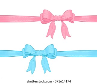 Light Pink And Blue Bow Horizontal Ribbons On White. Hand Drawn Vector