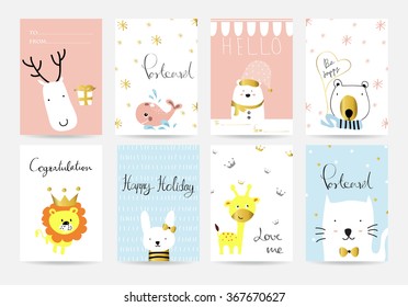 Light pink blue collection for banners, Flyers, Placards and Posters with bear,cat,rabbit,giraffe,whale,lion and crown