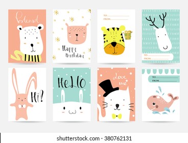 Light pink blue collection for banners, Flyers, Placards and Posters with rabbit tiger bear and whale