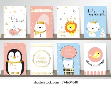 Light pink blue collection for banners, Flyers, Placards with cute bear,reindeer,whale and cat