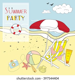 Light pink blue collection for banners, Flyers, Placards and Posters with ball,shell,umbrella and beach chair
