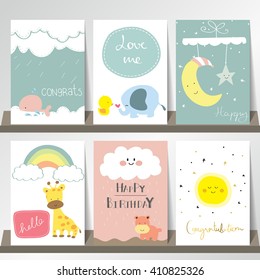 Light pink blue collection for banners, Flyers, Placards with moon,star,whale,giraffe,hippo,duct and elephant