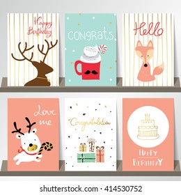 Light pink blue collection for banners, Flyers, Placards with cake,reindeer,gift box and fox