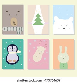 Light pink blue collection for banners, Flayers, Placards and Posters with bear, penguin, moose, rabbit, tree. Christmas cards. Greeting Cards.