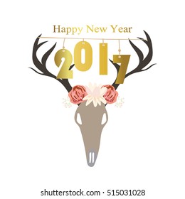 Light pink blue gold happy new year with wild and flower in boho style