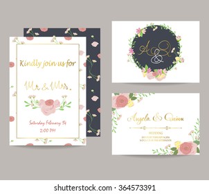Light pink blue gold invitation card with bouquet