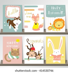 Light pink blue green collection for banners, Flyers, Placards with fox,rabbit,cat,monkey,lion and dog