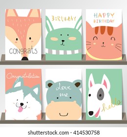 Light pink blue green collection for banners, Flyers, Placards with fox,rabbit,cat,hippopotamus and dog