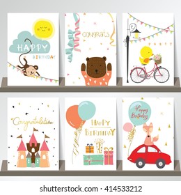 Light pink blue green collection for banners, Flyers, Placards with fox,duck,cat,monkey,car and castle