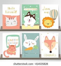 Light pink blue green collection for banners, Flyers, Placards with fox,rabbit,cat,lion and dog