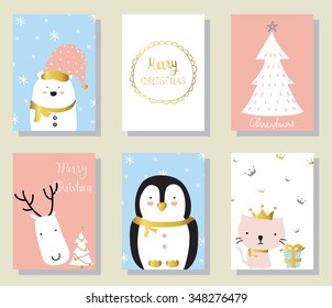 Light pink blue love christmas greeting card with cat penguin and gift box