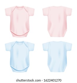 Light pink and blue newborn baby onesie mockup set from front and back view isolated on white background. Infant clothing mock up collection - vector illustration