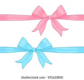 light pink and blue ribbon bows on white. hand drawn vector