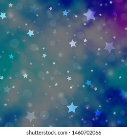 Light Pink, Blue vector backdrop with circles, stars. Glitter abstract illustration with colorful drops, stars. Pattern for design of fabric, wallpapers.