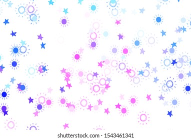 Light Pink, Blue vector backdrop with bright stars, suns. Shining illustration with stars, suns on abstract template. Pattern for astrology websites.