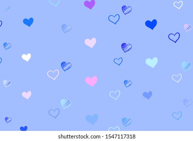 Light Pink, Blue vector backdrop with sweet hearts. Blurred decorative design in doodle style with hearts. Pattern for carnival, festival romantic leaflets.