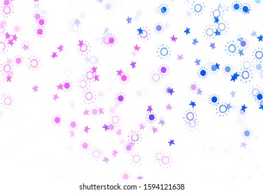 Light Pink, Blue vector backdrop with bright stars, suns. Stars, suns on blurred abstract background with gradient. Best design for your ad, poster, banner.