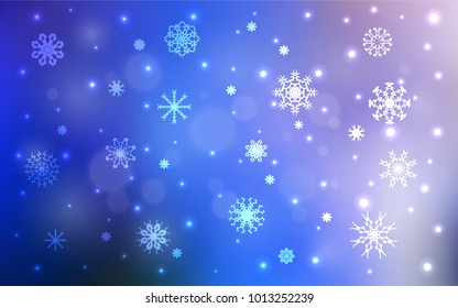 Light Pink, Blue vector background with xmas snowflakes. Snow on blurred abstract background with gradient. The pattern can be used for new year ad, booklets.