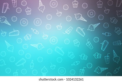 Light Pink, Blue vector background with tasty sweets. Confections on blurred abstract background with colorful gradient. Doodle design for your business advert of cafes.
