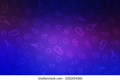 Light Pink, Blue vector background with tasty sweets. Illustration with set of sweet food in doodle style. Template of children's food in cafe.