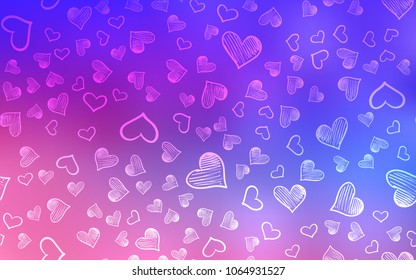 Light Pink, Blue vector background with hearts. Hearts on blurred abstract background with colorful gradient. Template for Valentine's greeting postcards.