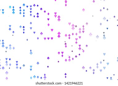 Light Pink, Blue vector background with cards signs. Glitter abstract sketch with isolated symbols of playing cards. Template for business cards of casinos.