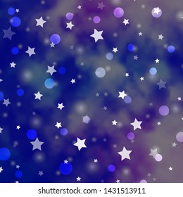 Light Pink, Blue vector background with circles, stars. Glitter abstract illustration with colorful drops, stars. Template for business cards, websites.