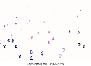Light Pink, Blue vector background with signs of currency. Shining colored illustration with currency signs. Template for ads of currency markets, bank loans.