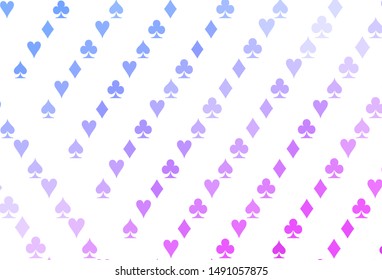 Light Pink, Blue vector background with cards signs. Shining illustration with hearts, spades, clubs, diamonds. Design for ad, poster, banner of gambling websites.