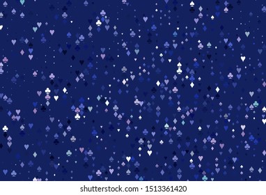 Light Pink, Blue vector background with cards signs. Blurred decorative design of hearts, spades, clubs, diamonds. Pattern for ads of parties, events in Vegas.