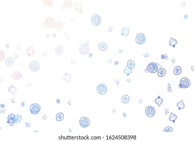 Light Pink, Blue vector background with cuisine gourmet. Beautiful colorful illustration with food in doodle style. Pattern for menu of cafes, bars, restaurants.